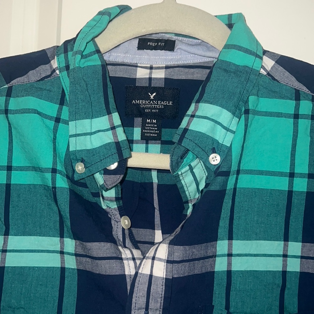 Aeo Navy And Teal Checkered Pattern Button Down - image 2